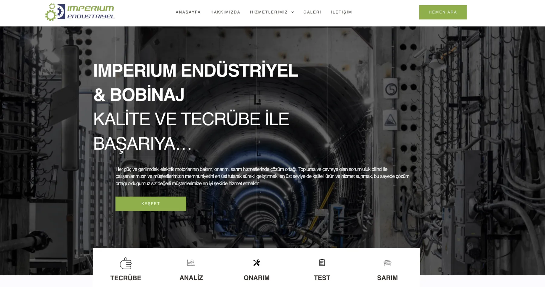 Imperium Endüstriyel web sitesi ana sayfa görünümü