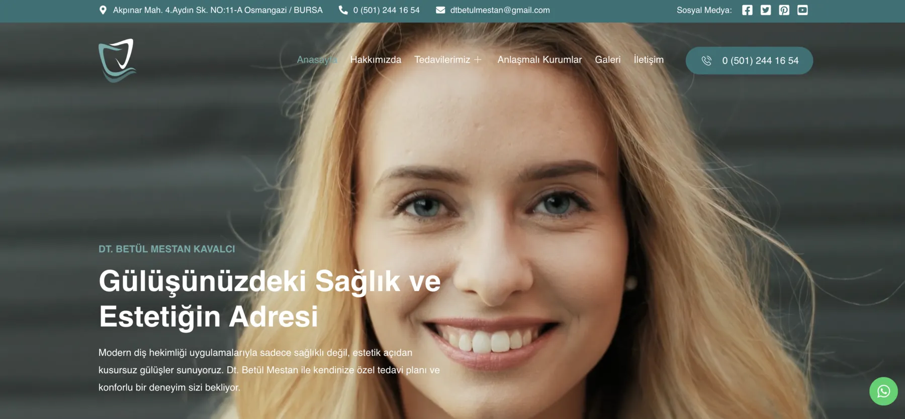 Dt. Betül Mestan Kavalcı web sitesi ana sayfa görünümü